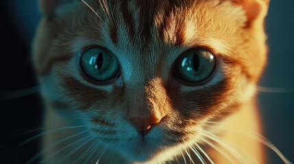Close up portrait of an orange tabby cat with striking blue eyes gazing intently at the camera in a dramatic lighting setting