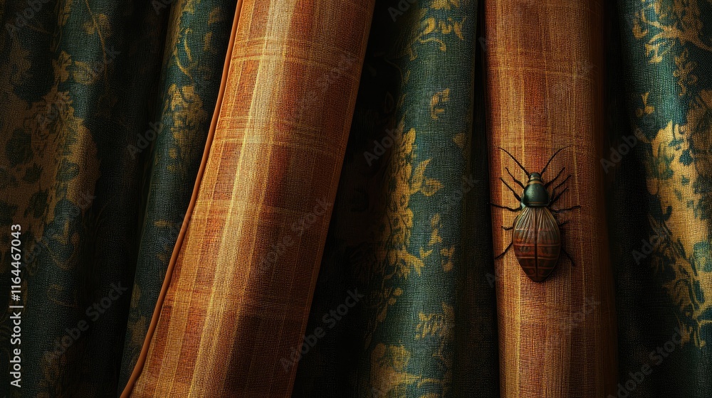 Poster cockroach resting on ornate patterned curtains in natural light highlighting texture and colors.