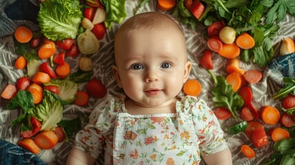 Fototapeta premium Baby surrounded by fresh vegetables smiling on a textured blanket in a flat lay top view composition for healthy lifestyle themes