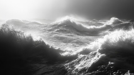 dramatic black and white ocean waves crashing under moody skies with ethereal lighting creating a serene yet powerful seascape atmosphere