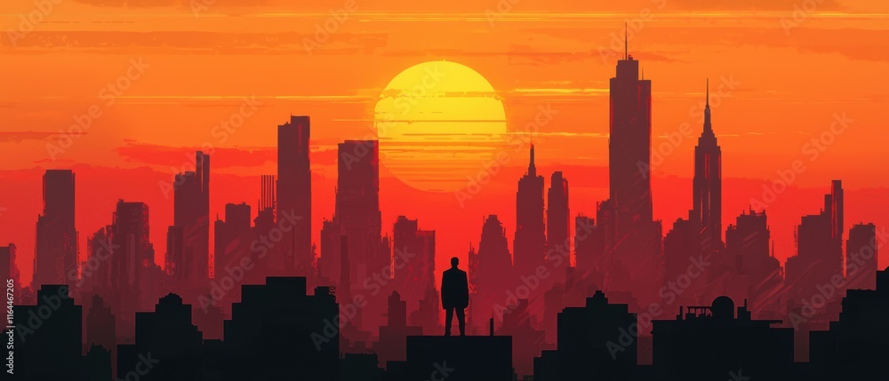 Canvas Prints Silhouette of Person Against Vibrant Sunset Over City Skyline