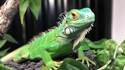 Obraz premium Detailed close-up of a vibrant green iguana perched among lush foliage in a naturalistic habitat setting.