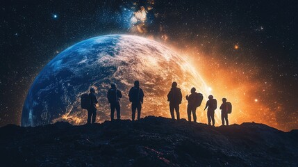 Fototapeta premium Group of explorers observing Earth from a distant planet in a stunning cosmic landscape at twilight