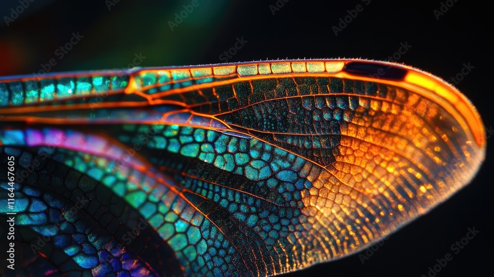 Poster close up of a dragonfly wing showcasing vibrant colors and intricate patterns illuminated by sunligh