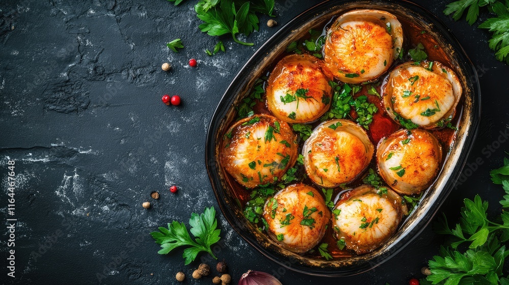 Poster baked scallops in shells garnished with parsley and spices on a dark background showcasing a delicio