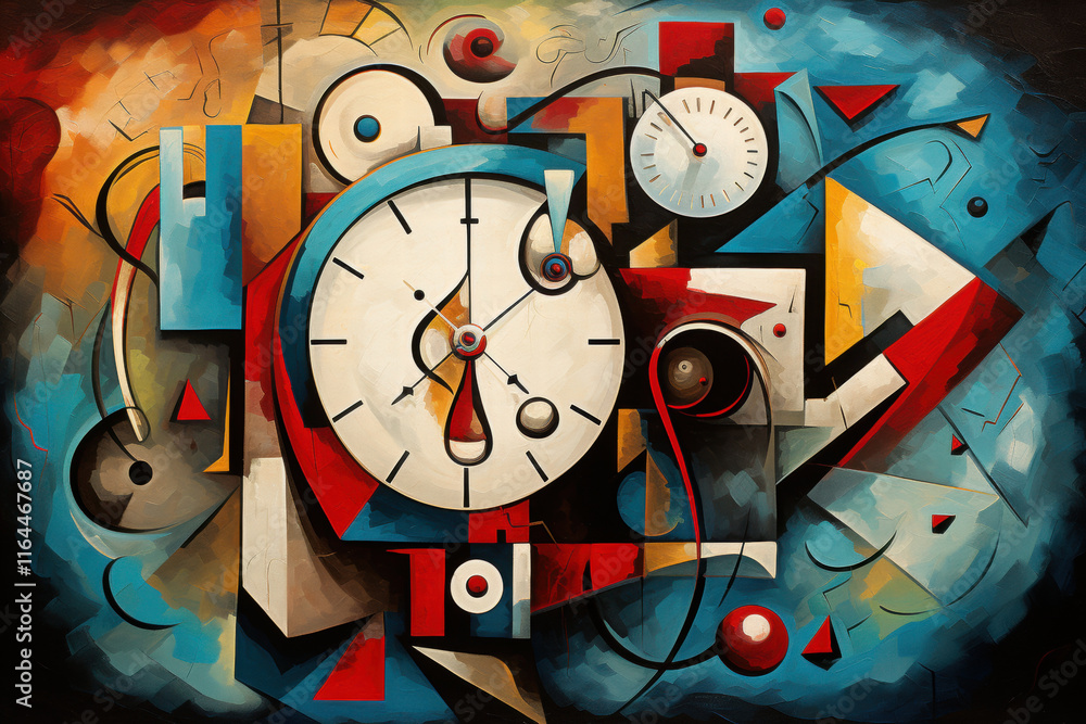 Poster a surreal depiction of a clock with distorted time and geometric shapes in abstract cubist or cubism