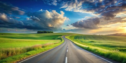 Fototapeta premium Asphalt road curving through vibrant green farmland under a dramatic sunset sky