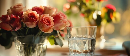 Naklejka premium Elegant still life composition featuring a vibrant bouquet of roses alongside a clear glass of water on a beautifully styled table setting