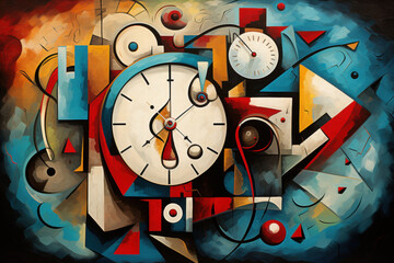 A surreal depiction of a clock with distorted time and geometric shapes in abstract cubist or cubism style painting