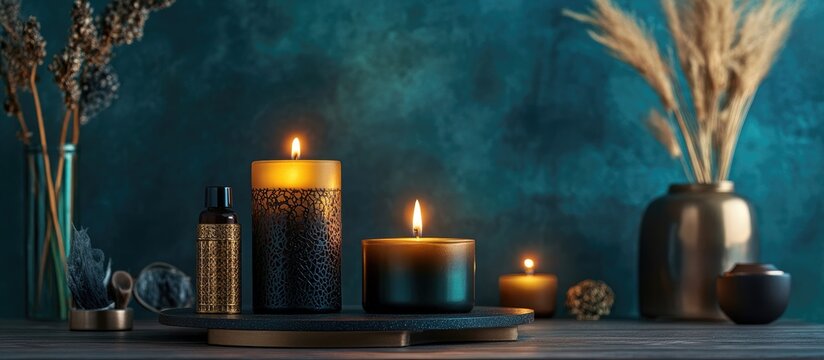 Elegant still life featuring burning candles and decorative accessories, creating a warm and inviting atmosphere for relaxation and ambiance.