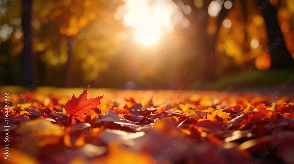 Poster autumn closeup of colorful fallen maple leaves on ground with sunlight filtering through trees creat