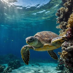 Obraz premium A sea turtle in a glass cage with an underwater coral reef view.