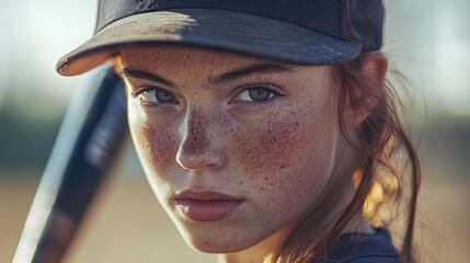 Closeup portrait of a young female baseball player with freckles focused holding a bat on a sunny field outdoors
