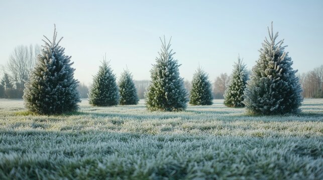 Frosty evergreen fir trees in winter landscape with lush green grass and clear blue sky creating a serene natural scene
