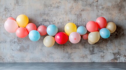 Obraz premium Colorful balloon garland displayed against a rustic grey wall creating a vibrant festive atmosphere for events and celebrations