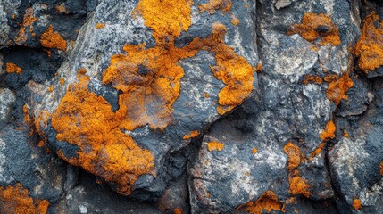 Close up of textured volcanic rock showcasing vibrant orange lichen against dark grey stone representing nature's resilience and beauty