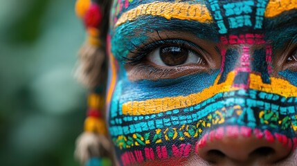 Fototapeta premium Vibrant close up portrait featuring traditional tribal face paint with intricate designs in eye-catching multicolored hues.