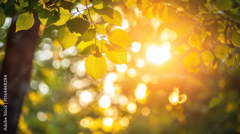 Poster golden hour sunset through tree leaves creating a serene nature backdrop with warm light and bokeh e