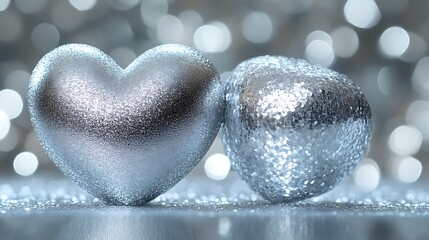 Two Silver Glitter Hearts Romantic Decoration