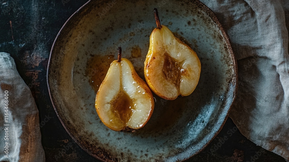 Poster baked pear halves drizzled with syrup on a rustic plate with a textured background