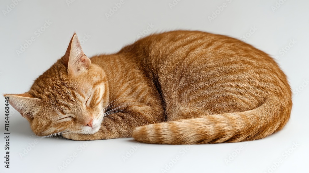 Poster cute ginger cat curled up sleeping softly on a minimalistic white background capturing tranquility a