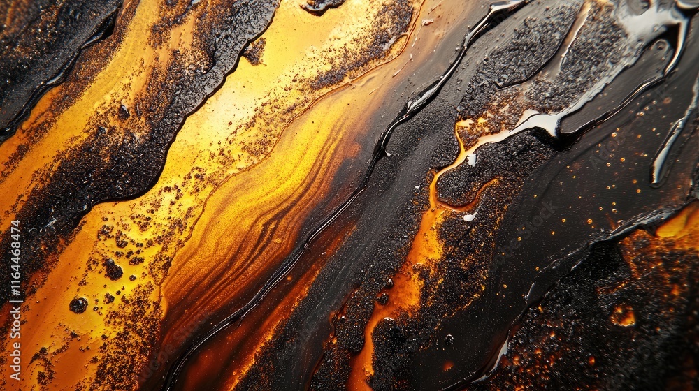Poster abstract close-up of swirling black and orange gel varnish creating a textured and glossy surface ar