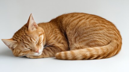 Cute ginger cat curled up sleeping softly on a minimalistic white background capturing tranquility and comfort in its restful pose.