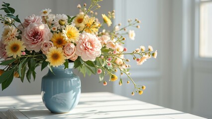 Serene European Florist Workshop, Kenzan-Style Flower Arrangement in Pastel Pink, Yellow, and Blue