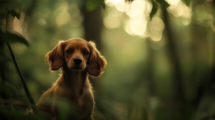 Cocker spaniel portrait with soft focus in a lush forest setting highlighting natural light and serene atmosphere