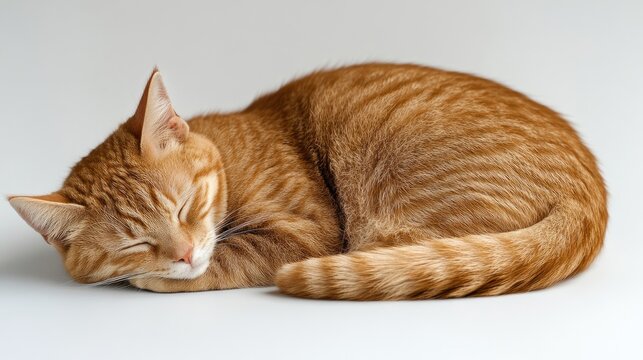 Cute ginger cat curled up sleeping softly on a minimalistic white background capturing tranquility and comfort in its restful pose.