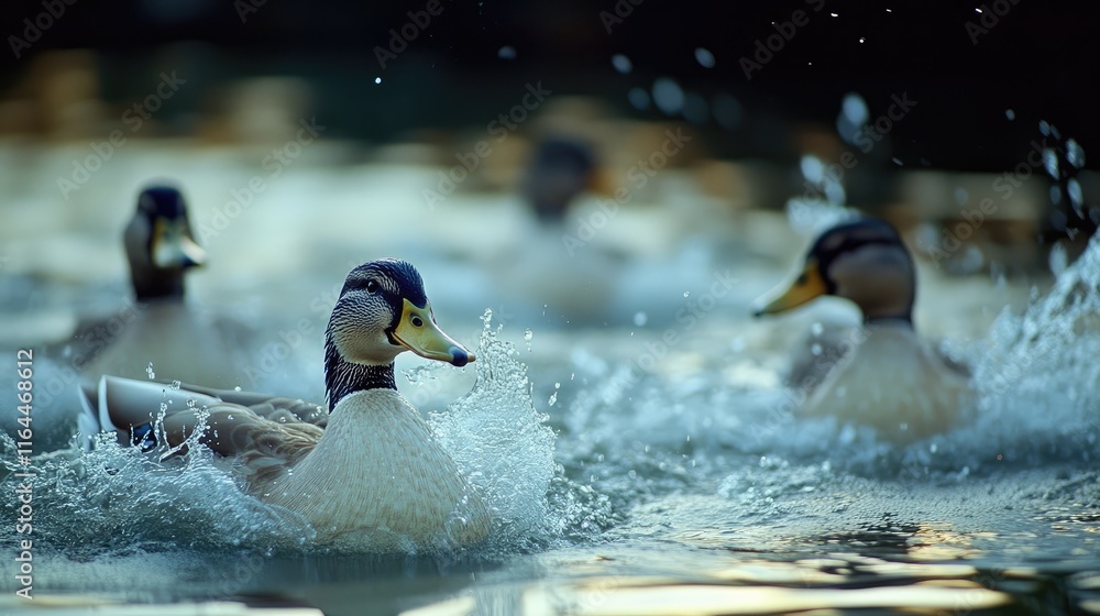 Aufkleber closeup capture of ducks splashing in water while swimming on a serene lake creating ripples and ref