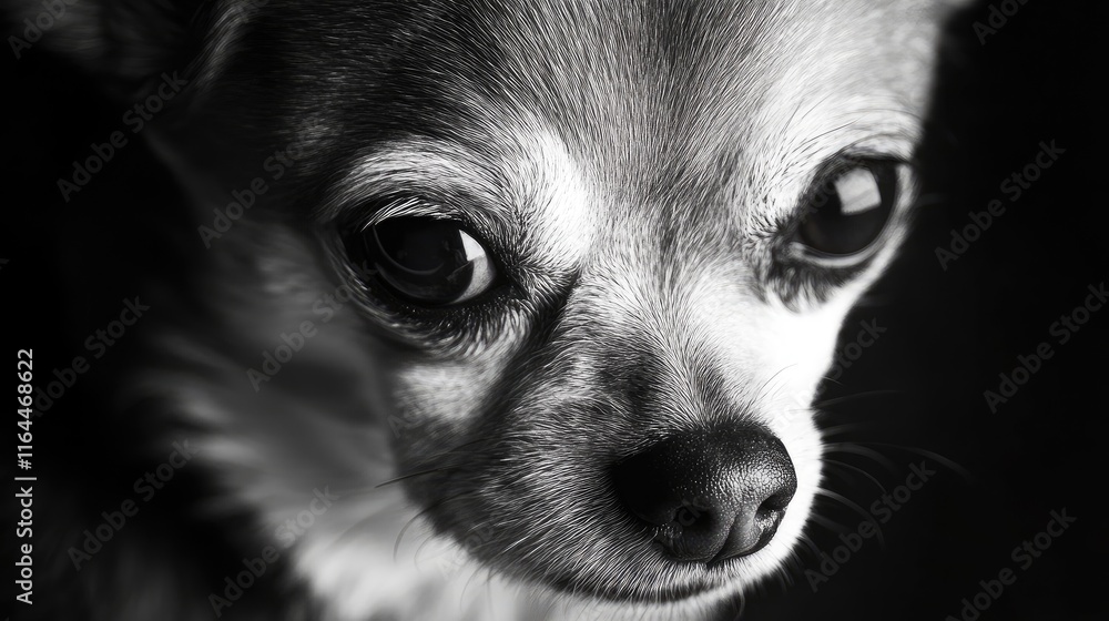 Poster Charming close up of a Chihuahua showcasing expressive eyes in a dramatic studio setting emphasizing its unique features.