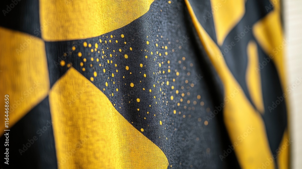 Poster textured close-up of black fabric with striking yellow geometric patterns and intricate detailing fo