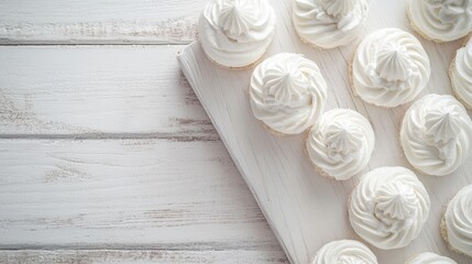 Baked round meringues topped with whipped cream arranged on a white wooden board in a close-up overhead view