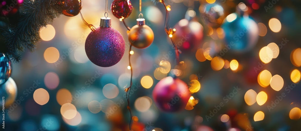 Poster colorful christmas ornaments on a tree with vibrant bokeh lights in the background creating a festiv