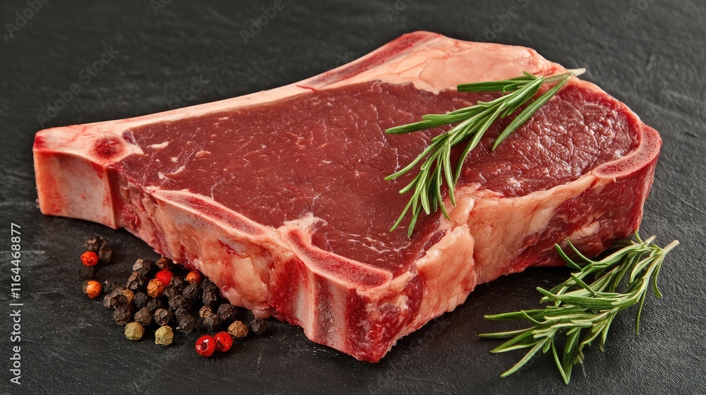 Poster close up of raw t bone steak with fresh herbs and spices on slate background in butcher shop setting