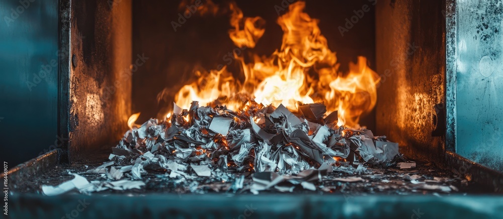 Poster close up of glowing flames inside a furnace incinerating paper creating an engaging and dynamic back