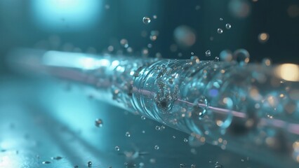 Abstract Close-up of Water Flowing Through Transparent Tube, Crystal Clear Bubbles and Droplets, Teal and Blue Hues, Dynamic Fluid Motion