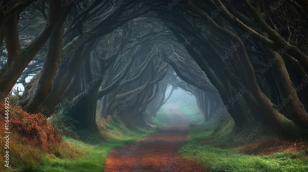Poster serene forest path surrounded by dense trees under misty conditions creating an enchanting and tranq