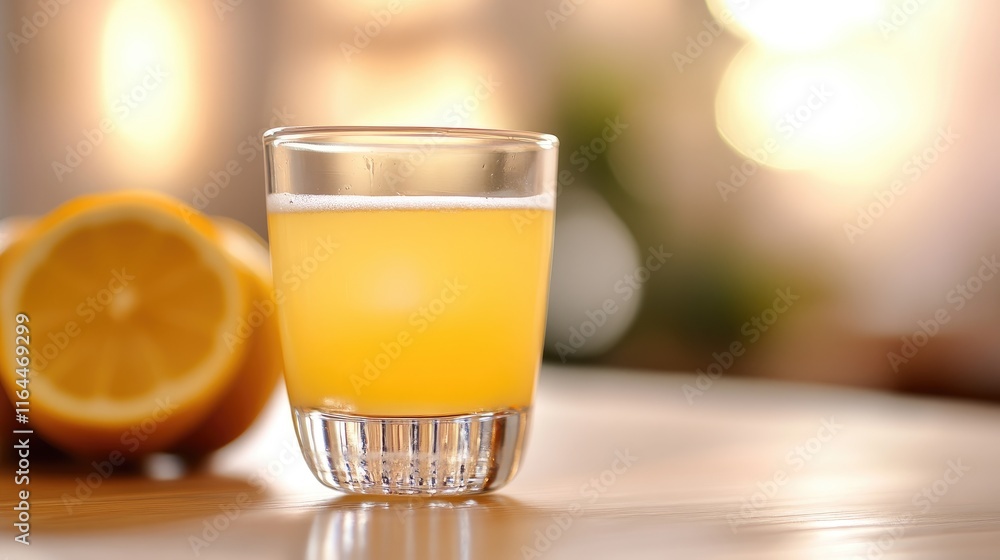 Poster refreshing citrus cocktail served in a round glass with fresh lemon slices in the background on a wo