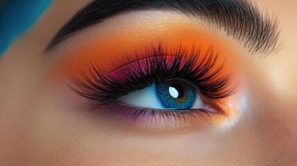 Obraz premium Close up of a woman's eye showcasing vibrant blue iris and long dramatic eyelashes with colorful eyeshadow blending warm tones