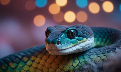 Fototapeta premium Close up of a snake surrounded by snowflakes and lights