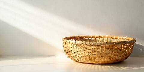 Fototapeta premium Sunlight illuminates empty woven basket on white surface