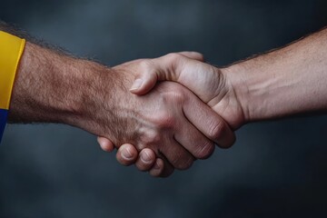 Fototapeta premium Two hands meet in a firm handshake, embodying a gesture of unity, trust, and cooperation, essential components of human interaction and relationships.