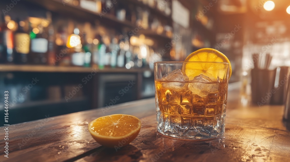 Poster refreshing cocktail served on a rustic bar counter with lemon garnish and ice in a lively pub atmosp