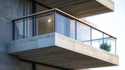 Fototapeta premium Modern concrete balcony design featuring wooden railing and glass panels with a minimalist aesthetic in natural lighting.