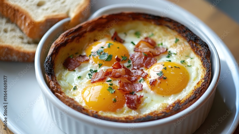 Poster baked eggs with crispy bacon and toasted bread served in a white ramekin on a rustic wooden table