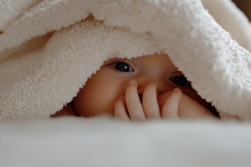 A close-up of a curious baby peeks out from under a fluffy blanket, radiating innocence and curiosity, reflecting the joy and wonder of early childhood experiences.