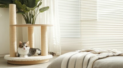 Elegant bamboo cat tree with scratching posts in a cozy bedroom corner featuring a serene cat and natural light ambiance.