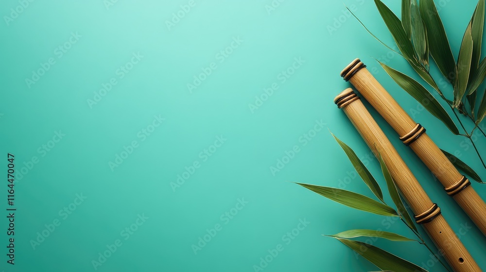 Poster bamboo flute and leaves on teal background with empty space for creative text or branding design